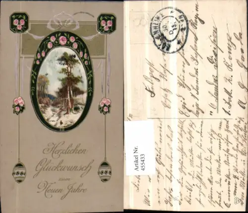 455433,Präge Künstler Litho Art Deco Neujahr Landschaft Passepartout Rosen