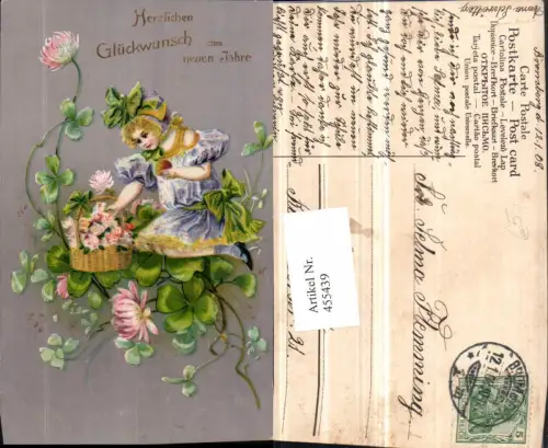 455439,Künstler AK Neujahr Mädchen Korb Blumen Klee