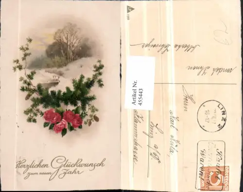 455443,Künstler AK Neujahr Winterlandschaft Zweige Rosen