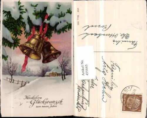 455445,Künstler AK Neujahr Winterlandschaft Glocken Zweige