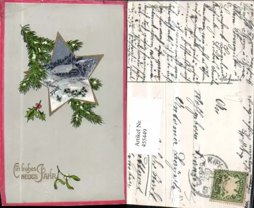 455449,Künstler AK Neujahr Winterlandschaft Passepartout Stern Zweig