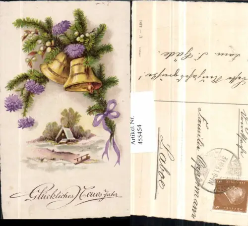 455454,Künstler AK Neujahr Winterlandschaft Glocken Zweige Blumen