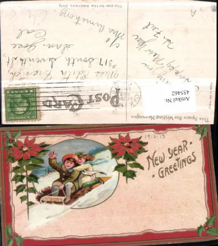 455462,Künstler AK Neujahr Kinder Rodel Weihnachtsstern Blumen