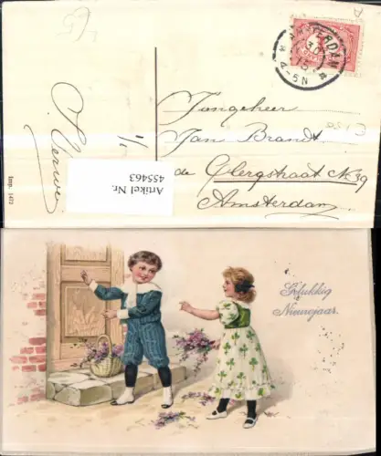 455463,Präge Künstler Litho Neujahr Kinder Tür Korb Blumen