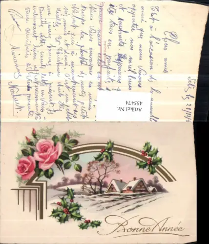 455474,Künstler AK Neujahr Winterlandschaft Rosen Stechpalme