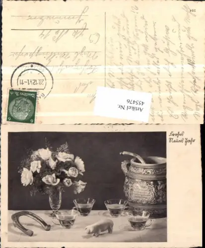 455476,Neujahr Blumenstrauß Hufeisen Ferkel Gläser Punsch