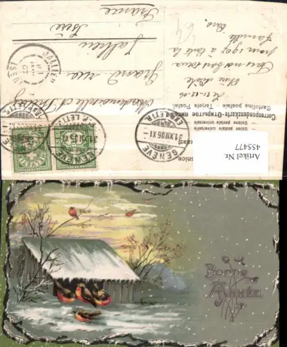 455477,Präge Künstler Litho Neujahr Vogelhaus Vögel Winterbild