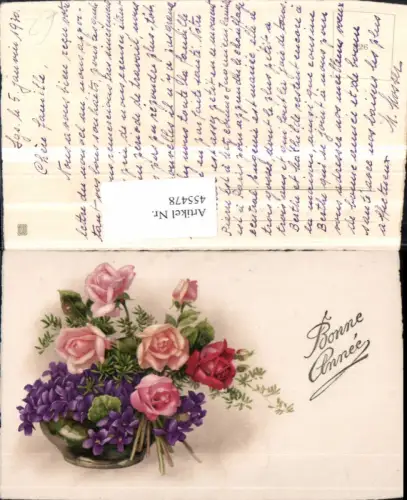 455478,Künstler AK Neujahr Rosen Blumen Veilchen