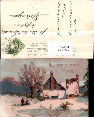 455490,Künstler AK Neujahr Winterlandschaft Haus