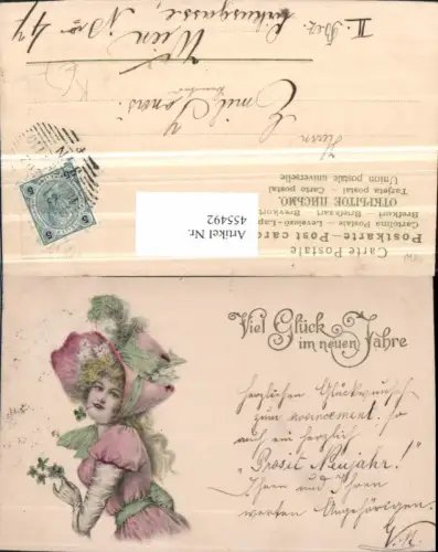 455492,Künstler AK Neujahr Frau Kleid Hut Klee