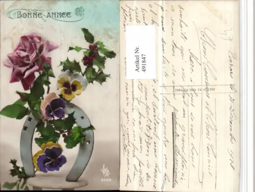491847,Bonne Annee Neujahr Hufeisen Rose Stiefmütterchen Blumen
