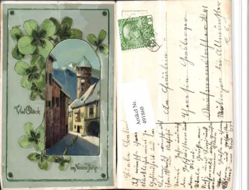 491860,Künstler AK Neujahr Stadt Turm Kleeblätter Klee