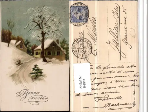 491863,Künstler AK Bonne Annee Neujahr Winterlandschaft Haus