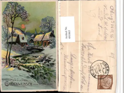 491865,Künstler AK Neujahr Winterlandschaft Dorf Brücke
