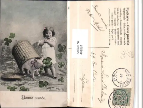 491867,Künstler AK Bonne Annee Neujahr Kind Korb Ferkel Klee