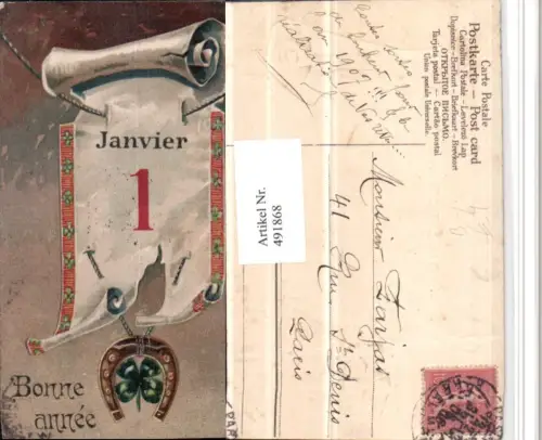 491868,Präge Künstler AK Bonne Annee Neujahr Schriftrolle Hufeisen Klee