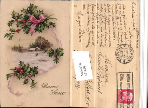 491870,Künstler AK Buon Anno Neujahr Winterlandschaft Stechpalme