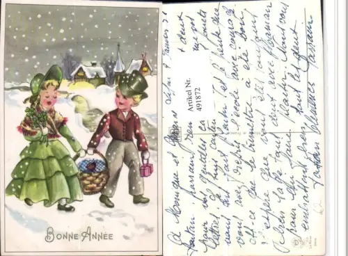 491872,Künstler AK Bonne Annee Neujahr Kinder Korb Winterbild