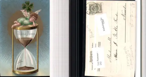 530842,Präge Litho Neujahr Engel Uhr Sanduhr Klee Kleeblatt