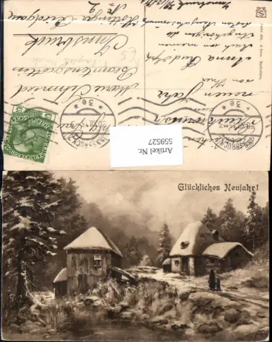 559527,Künstler Ak F. Bayerlein München Neujahr Mutter Kind Hütte i. Wald Winterlandschaft