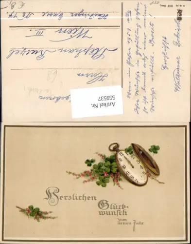 559537,Litho Neujahr Taschenuhr Uhr Klee Kleeblätter