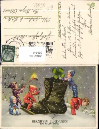 559540,Künstler Ak Neujahr Wichtel Schuh Kleeblatt Klee Streichholz Schnee