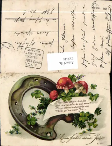 559544,Präge Litho Neujahr Hufeisen Pilz Fliegenpilz Klee Kleeblätter Spruch pub HWB 4208