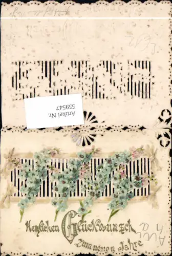 559547,Schöne Litho geprägt gestanzt Neujahr Vergissmeinnicht Blumen Glitzerverzierung