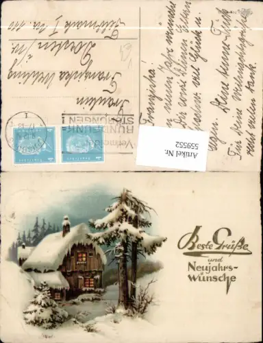 559552,Künstler Ak Neujahr Haus Winterlandschaft Goldschrift geprägt pub Erika 1439