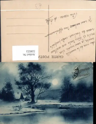 559553,Neujahr Winterlandschaft Haus See b. Mondschein Bonne Annee