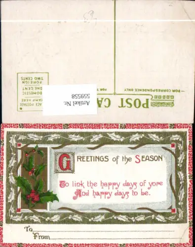 559558,Präge Litho Neujahr Greetings of the Season Stechpalmenzweig Spruch