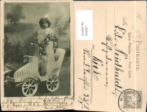 559567,Künstler Ak Neujahr Mädchen Engel Automobil Blumenranke pub F. Beck München