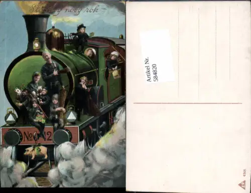 584820,Lithographie Neujahr Lokomotive Eisenbahn Lok Rauchfangkehrer Schornsteinfeger