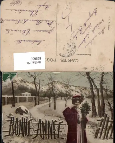 628655,Künstler Ak R. Lopez Bonne Annee Neujahr Frau Winterlandschaft