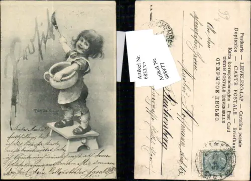 688977 Künstler AK F. Gareis Neujahr Mädchen malt Pinsel Topf Stockerl