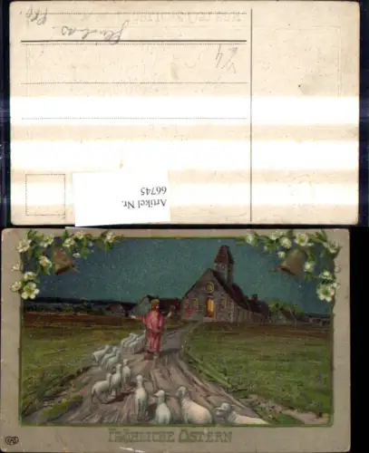 66745,Künstler Präge Ak Ostern Jesus m. Schafe a. Weg z. Kirche Passepartout Glocken Blumen pub EAS