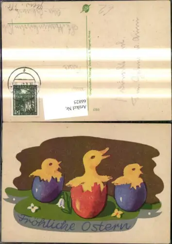 66825,Künstler Ak Ostern Küken schauen a. Ostereier