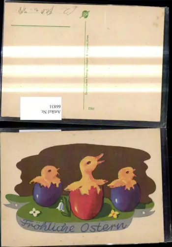 66831,Künstler Ak Ostern Küken schauen a. Ostereier