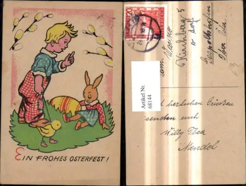 68144,Künstler Ak Ostern Junge Bub m. Küken a. Leine Osterhase Ostereier