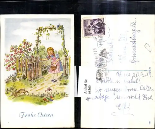 68360,Künstler Ak H. Döbrössy Ostern Mädchen b. Gartentor Hase Ostereier Eier Korb Blumen