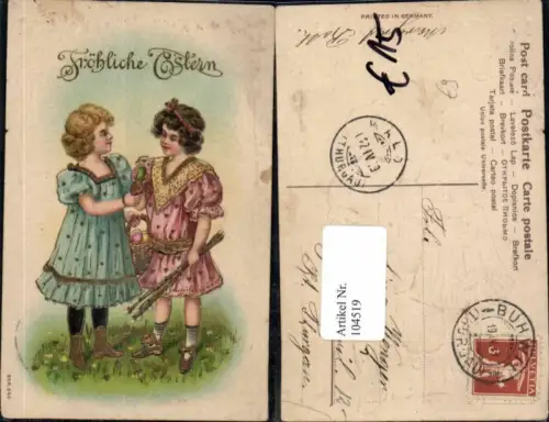 104519,Präge AK Ostern Kinder Mädchen Kleid Ostereier