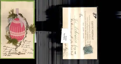 184730,Ostern Präge AK Ei Verzierung m. Echtem Moos Palmzweig u. Schleife