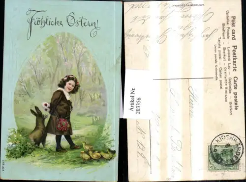 203356,Präge Litho AK Ostern Mädchen m. Ei Hase Küken