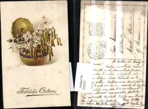 210337,Ostern Korb m. Blumen u. Palmzweigen
