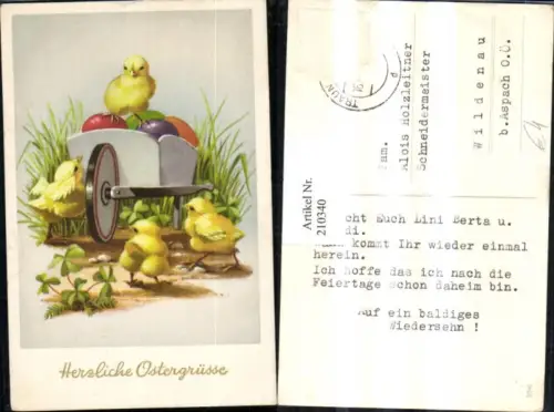210340,Ostern Schubkarre Küken bunte Eier Ostereier
