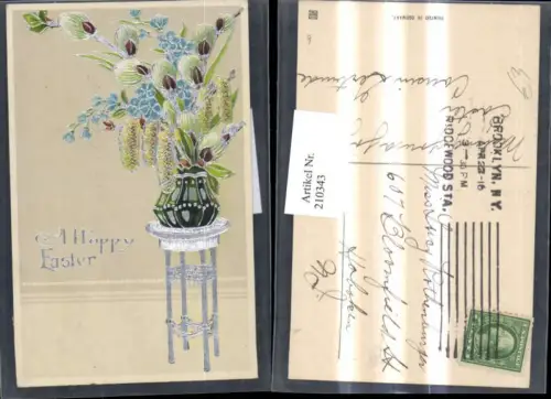 210343,Ostern Silberdruck Vase m. Blumen u. Palmzweige