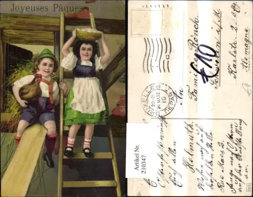 210347,Präge AK Ostern Kinder m. Korb Huhn Leiter Heu Stroh