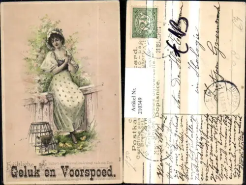 210349,Präge AK Ostern Frau m Kleid Hühnerkäfig Huhn Küken