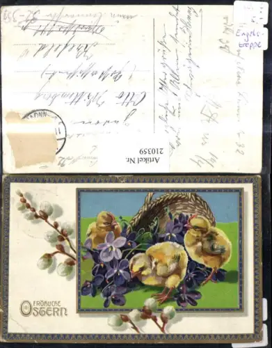 210359,Präge AK Ostern Korb Veilchen Küken Palmzweige