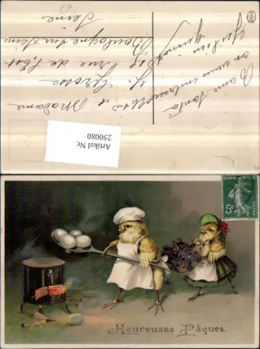 250080,Präge Litho AK Ostern Küken vermenschlicht Hut Haube Schürze Ofen Kochlöffel Eier